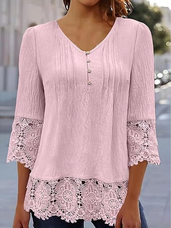 Chemisiers1 Décontracté Plain Printemps / Automne Polyester Col V Aucune élasticité Manches trois quarts Droit Régulier pour Femmes