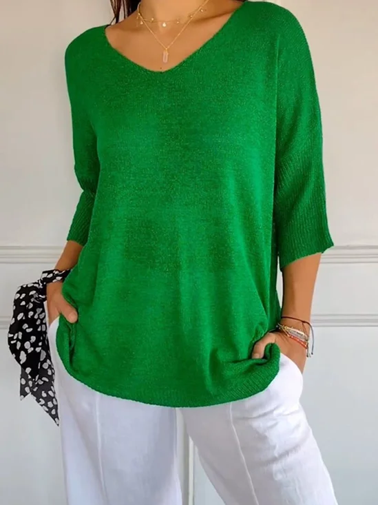 Pulls Décontracté Plain Printemps / Automne Quotidien Manches trois quarts Régulier Droit Régulier Élasticité moyenne pour Femmes