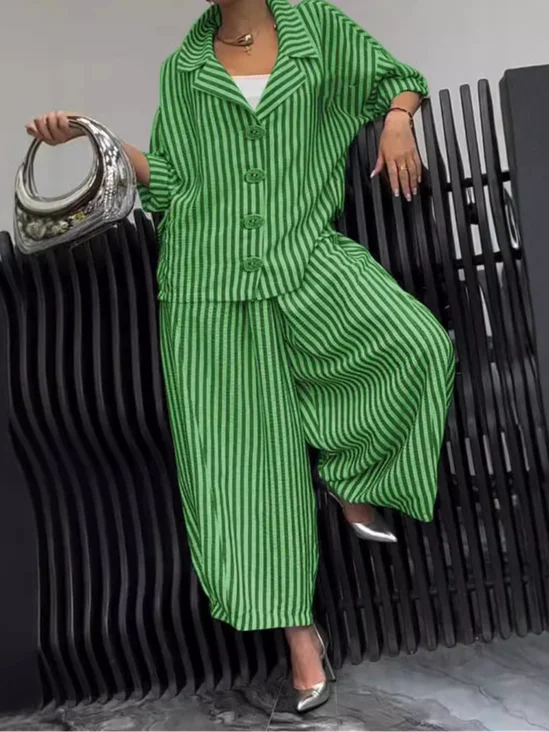 Deux Pièces Ensembles Rayé Décontracté Printemps / Automne Polyester Naturel Quotidien Manches Longues Top Avec Pantalons Droit pour Femmes