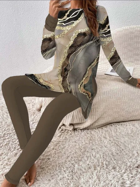 Deux Pièces Ensembles Femmes Géométrique Décontracté Printemps / Automne Ample Jersey Manches Longues Col Rond Top Avec Pantalons Droit