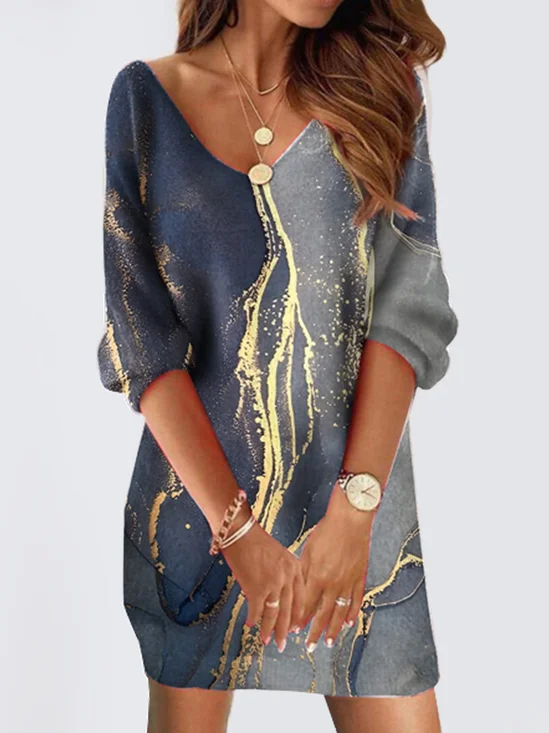 Femmes Rayé Bleu Col V Confortable Robe Mi-Longue Décontracté