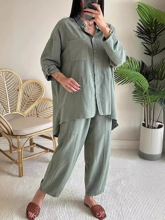 Deux Pièces Ensembles Femmes Géométrique Décontracté Printemps / Automne Naturel Micro-élasticité Quotidien Coton Et Lin Manches Longues Top Avec Pantalons