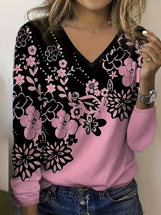 T-shirts Décontracté Floral Printemps / Automne Col V Quotidien Coupe Régulière Droit Régulier T.-N.-L. pour Femmes