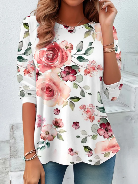 T-shirts Décontracté Floral Printemps / Automne Imprimé Ample Jersey Manches Longues Régulier Droit pour Femmes