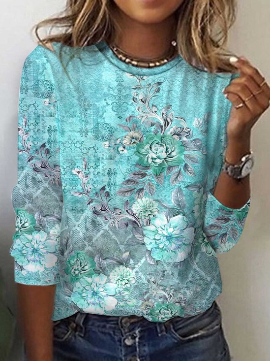 T-shirts Rétro Floral Printemps / Automne Imprimé Micro-élasticité Quotidien Jersey Col Rond Régulier pour Femmes