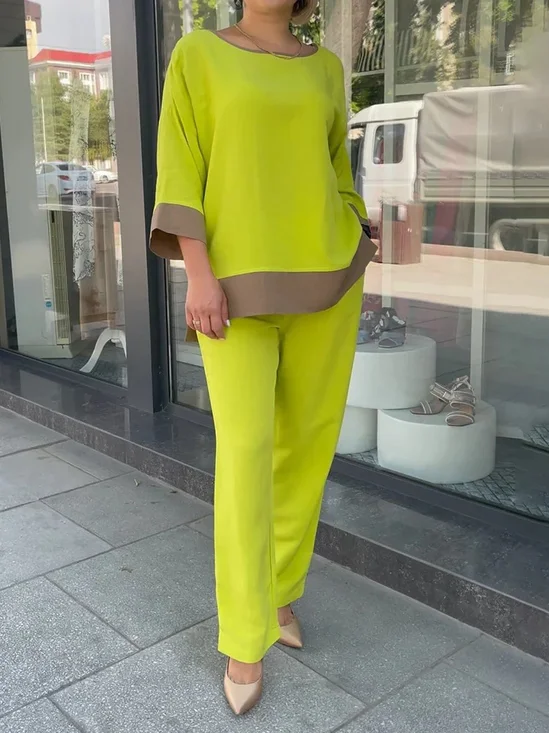 Deux Pièces Ensembles Décontracté Bloc de Couleur Printemps / Automne Naturel Quotidien Ample Top Avec Pantalons Droit Régulier pour Femmes