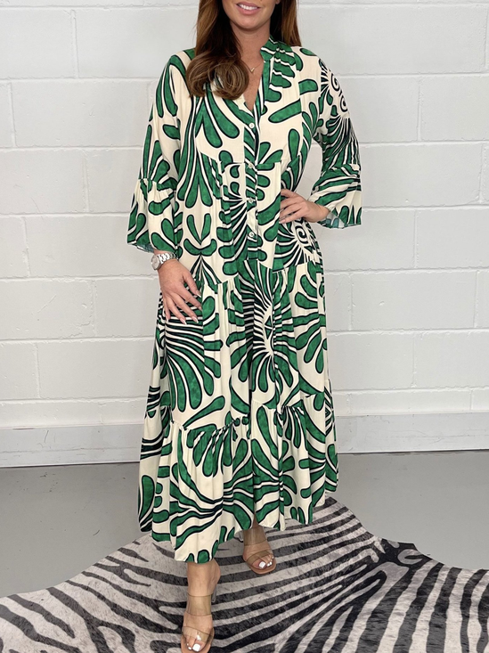 Femmes Géométrique Vert Col Châle Confortable Robe Mi-Longue Décontracté