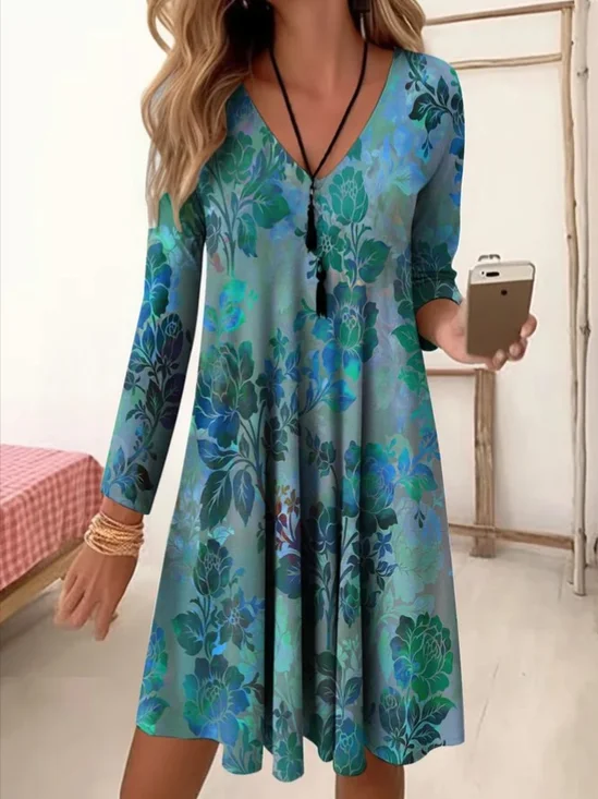 Femmes Floral Rouge Col V Confortable Mini Robe Décontracté