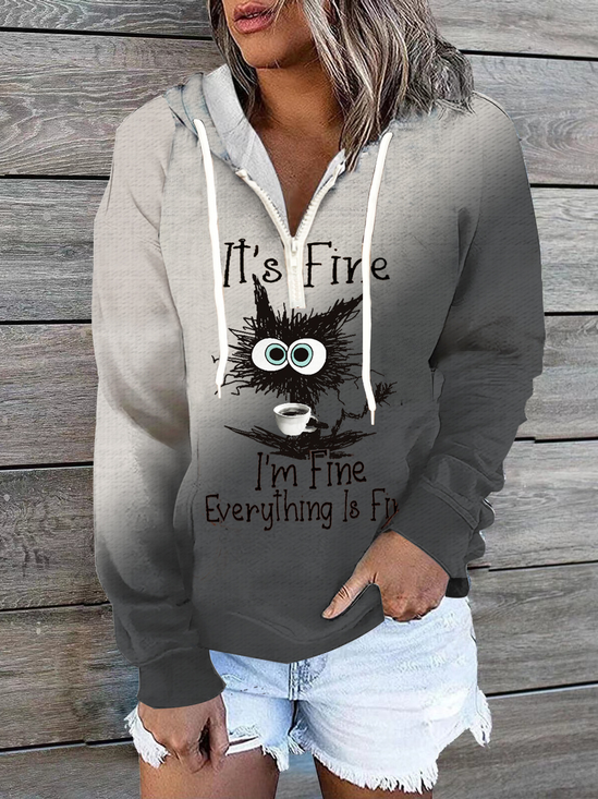 Sweat-shirts Décontracté Chat Printemps / Automne Polyester Zip Sweat-shirt à Capuche Micro-élasticité Régulier Régulier pour Femmes