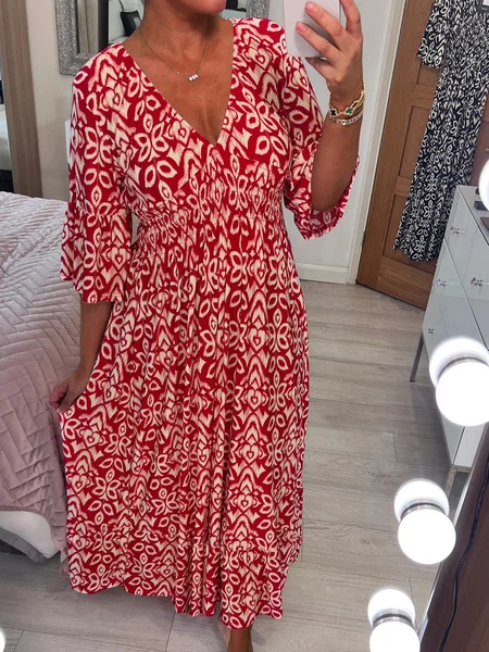 Femmes Ethnique Rouge Col V Confortable Robe Maxi Décontracté