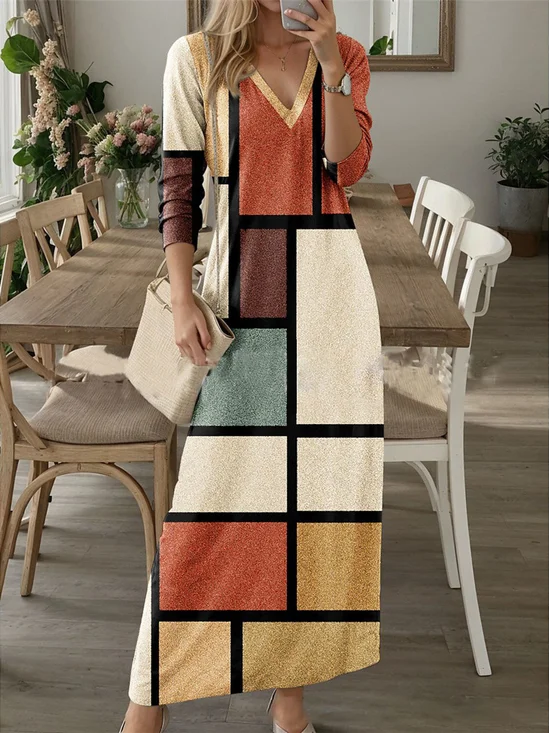 Femmes Abstrait Graphique Couleur 4 Col V Confortable Robe Maxi Décontracté