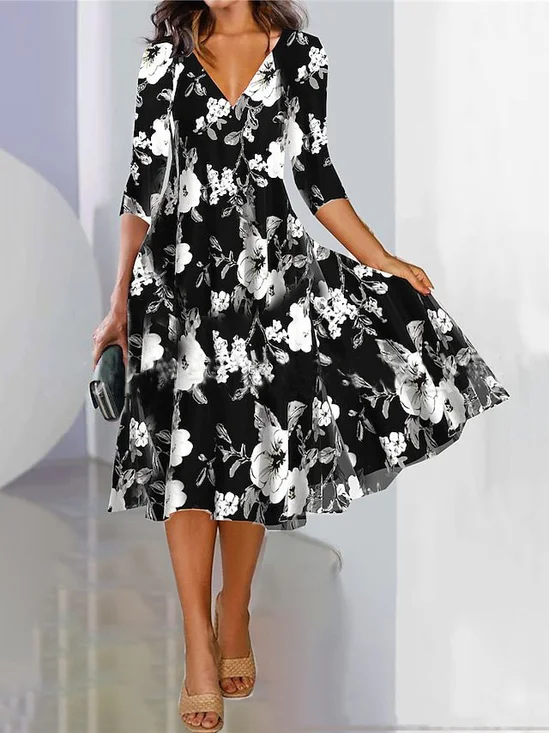 Femmes Floral Couleur 1 Col V Confortable Robe Mi-Longue Décontracté