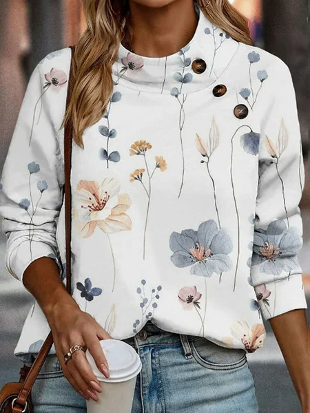 Sweat-shirts Femmes Décontracté Floral Printemps / Automne Boutonné Col Montant Quotidien Manches Longues Régulier Régulier