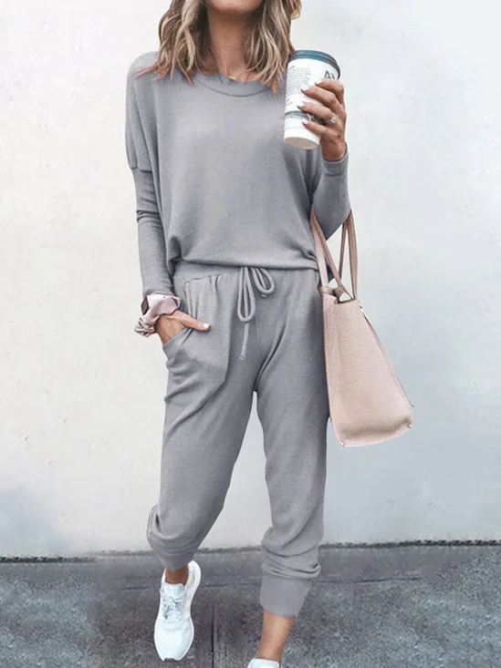 Deux Pièces Ensembles Femmes Décontracté Plain Printemps / Automne Naturel Ample Jersey Manches Longues Top Avec Pantalons Régulier