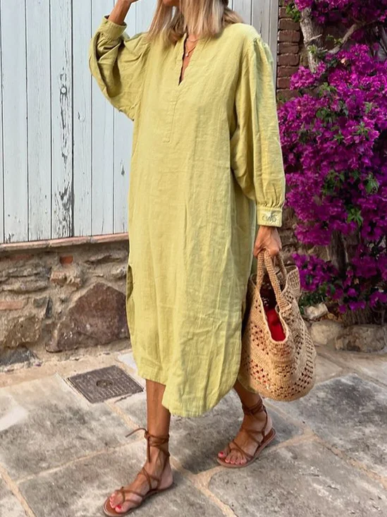 Femmes Plain Jaune Col V Confortable Robe Maxi Décontracté