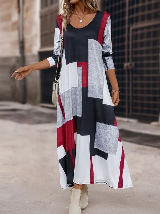 Femmes Géométrique Noir Col Rond Confortable Robe Maxi Décontracté