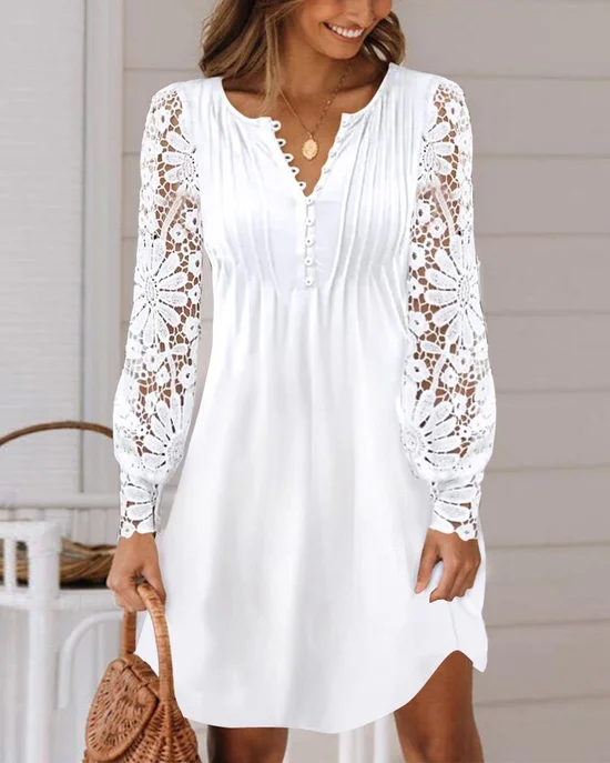 Femmes Plain Blanc Col V Confortable Dentelle Robe Maxi Décontracté