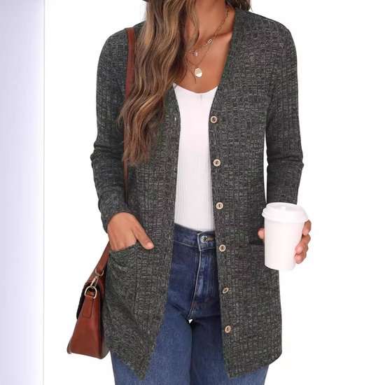 Cardigans Décontracté Plain Printemps / Automne Polyester Col V Coupe Régulière Manches Longues Droit Régulier pour Femmes