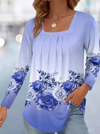 Chemisiers1 Décontracté Floral Printemps / Automne Polyester Col Carré Quotidien Coupe Régulière Droit Régulier pour Femmes