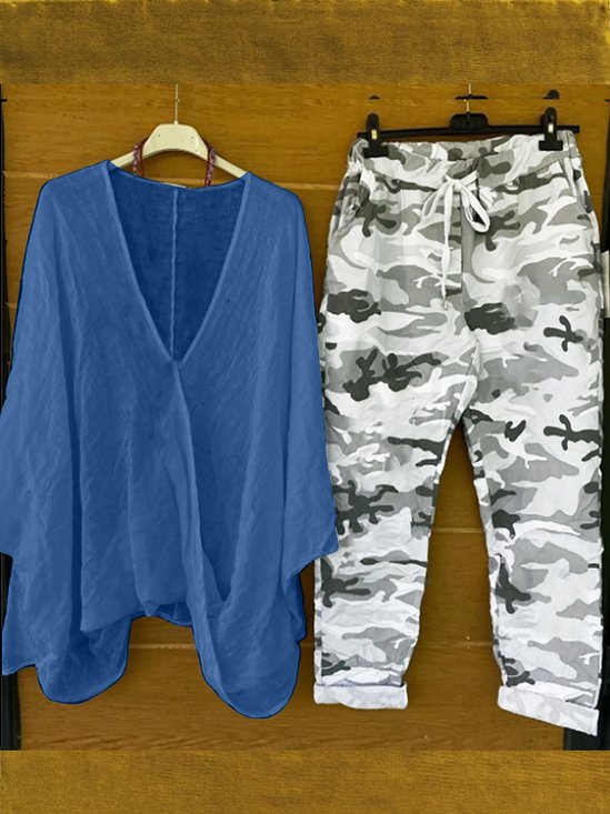 Deux Pièces Ensembles Décontracté Printemps / Automne Camouflage Naturel Micro-élasticité Quotidien Manches trois quarts Top Avec Pantalons Régulier pour Femmes