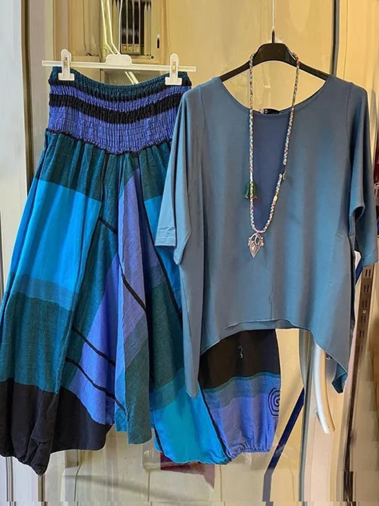 Deux Pièces Ensembles Femmes Géométrique Décontracté Été Polyester Naturel Micro-élasticité Demi Manche Top Avec Pantalons Régulier