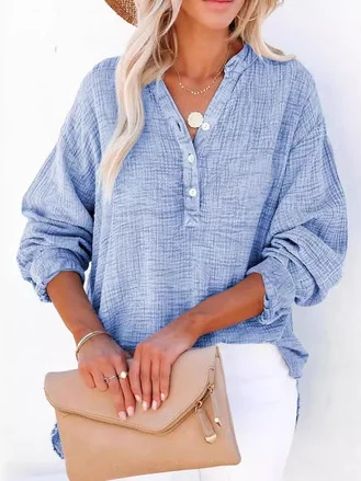 Chemises Femmes Décontracté Plain Printemps / Automne Polyester Col V Aucune élasticité Régulier Droit Boucle