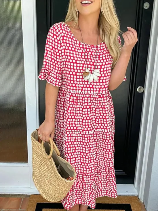 Femmes Pois Polka Noir Col Rond Confortable Robe Mi-Longue Décontracté