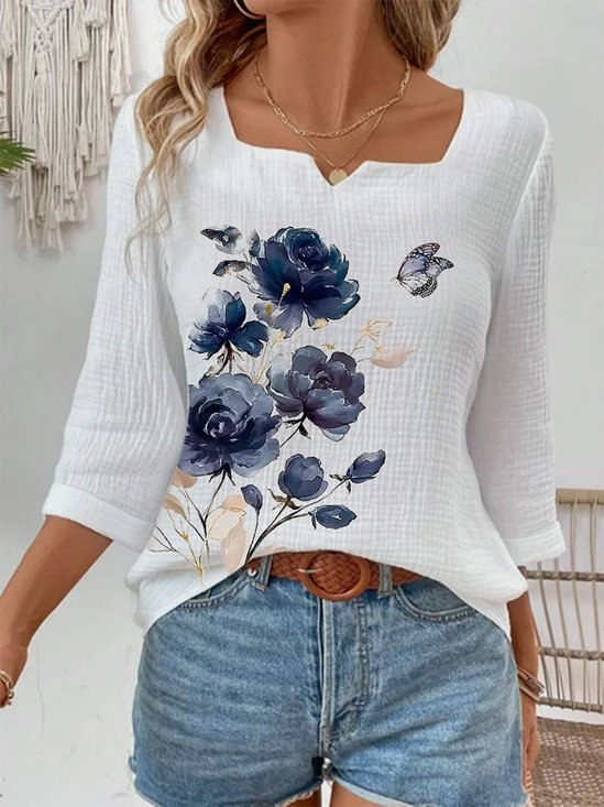 T-shirts Femmes Décontracté Floral Printemps / Automne Coton Imprimé Quotidien Ample Régulier Droit