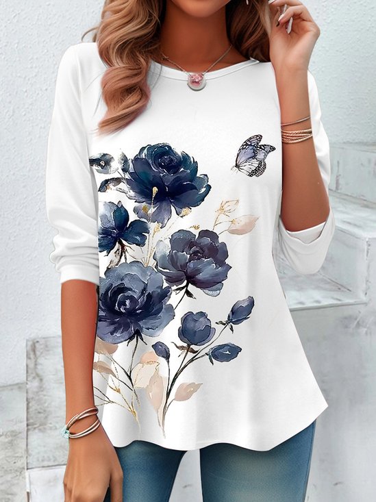 T-shirts Décontracté Floral Printemps / Automne Imprimé Aucune élasticité Ample Régulier Régulier Non pour Femmes