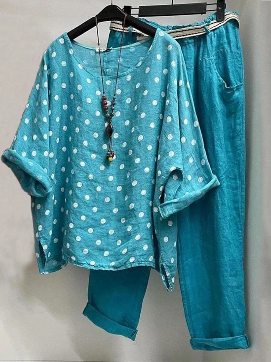 Deux Pièces Ensembles Pois Polka Décontracté Été Polyester Naturel Ample Top Avec Pantalons Droit Régulier pour Femmes