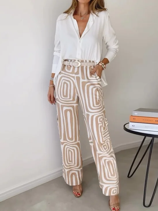 Deux Pièces Ensembles Décontracté Abstrait Printemps / Automne Polyester Micro-élasticité Ample Top Avec Pantalons Droit Régulier pour Femmes