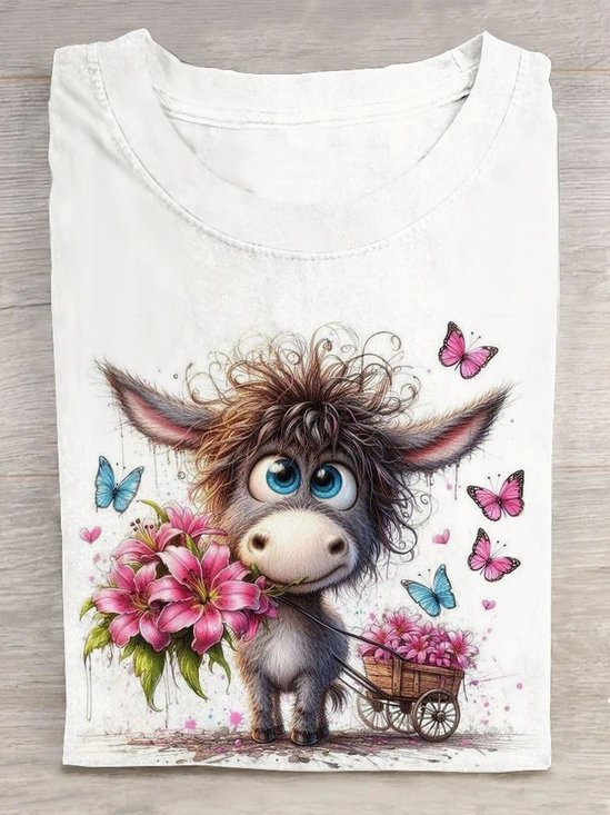 T-shirts Décontracté Été cheval Coton Quotidien Ample Droit Régulier Élasticité moyenne pour Femmes