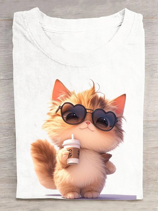 T-shirts Femmes Décontracté Été Chat Coton Quotidien Ample Régulier Régulier Oui