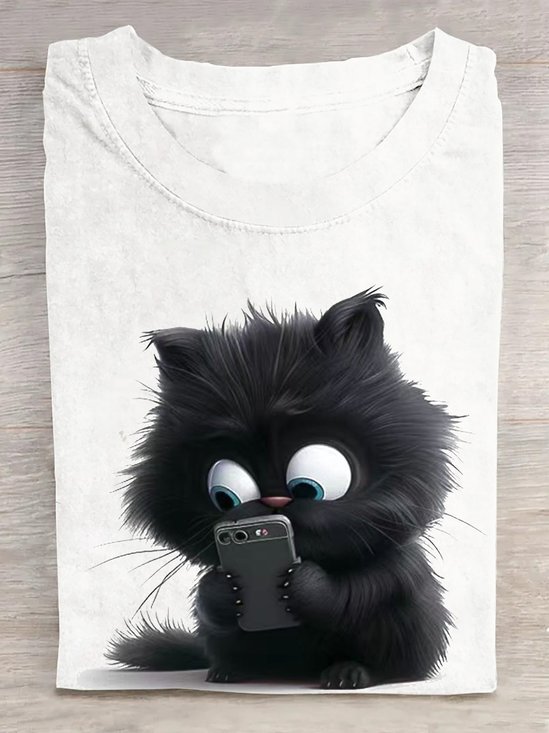 T-shirts Femmes Décontracté Été Chat Coton Ample Manches Courtes Col Rond Régulier Élasticité moyenne