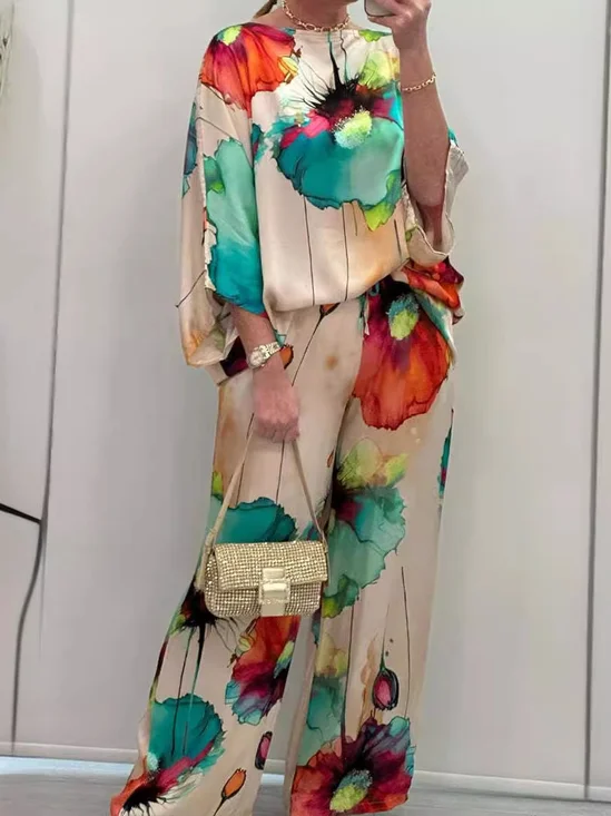 Deux Pièces Ensembles Décontracté Floral Printemps / Automne Polyester Naturel Micro-élasticité Quotidien Top Avec Pantalons Régulier pour Femmes