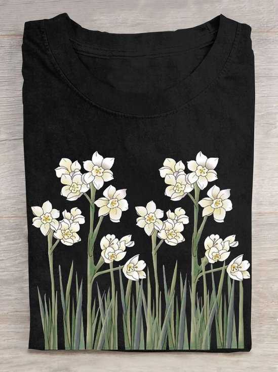 T-shirts Décontracté Floral Été Coton Quotidien Col Rond Droit Régulier Oui pour Femmes