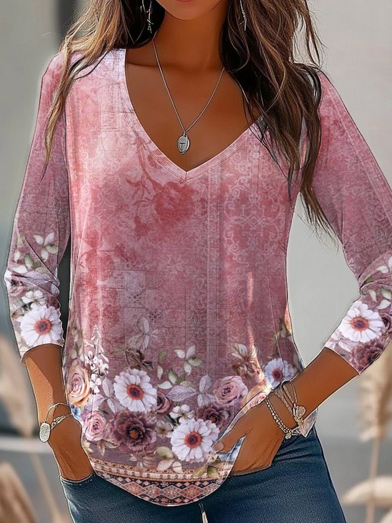 T-shirts Décontracté Ethnique Printemps / Automne Col V Aucune élasticité Jersey Droit Régulier T.-N.-L. pour Femmes