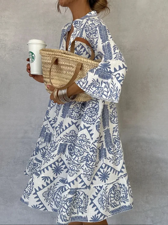 Femmes Ethnique Blanc Col V Confortable Robe de Longueur Au Genou Décontracté