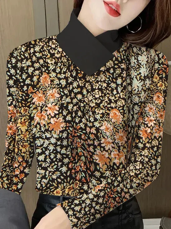 Chemisiers1 Femmes Décontracté Floral Printemps / Automne Micro-élasticité Coupe Régulière chaleur Meilleure vente Manches Longues Régulier