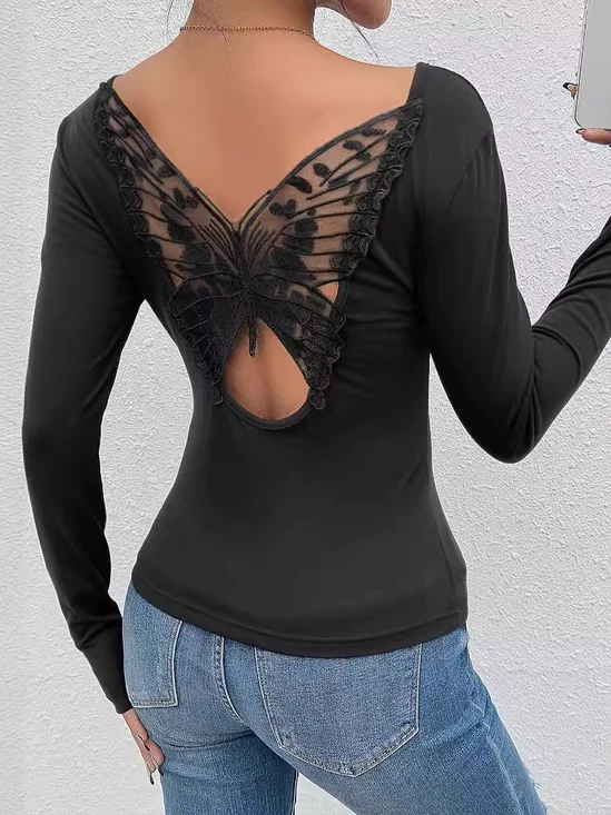 T-shirts Décontracté Printemps / Automne Papillon Micro-élasticité Quotidien Ample Manches trois quarts Régulier Régulier pour Femmes