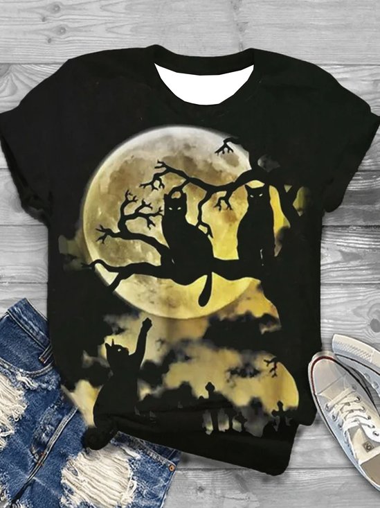 T-shirts Décontracté Été Lune Micro-élasticité Ample Manches Courtes Régulier Droit Régulier pour Femmes