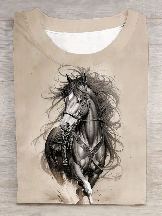 T-shirts Femmes Décontracté Été cheval Jersey Manches Courtes Col Rond Régulier Droit Régulier