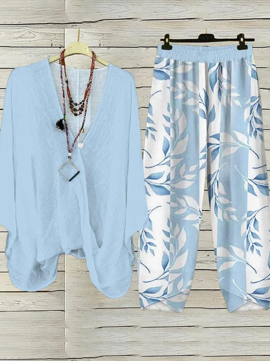 Deux Pièces Ensembles Décontracté Floral Printemps / Automne Polyester Col V Quotidien Manches trois quarts Droit Régulier pour Femmes