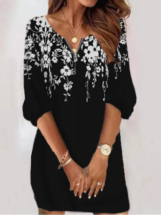 Femmes Floral Bleu Foncé Col Rond Confortable Boucle Mini Robe Décontracté