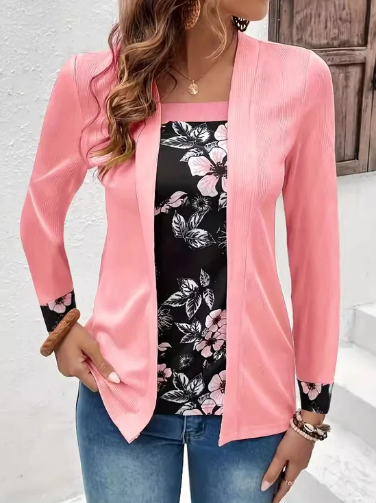 Chemisiers1 Décontracté Floral Printemps / Automne Col Carré Quotidien Ample Jersey Régulier Droit pour Femmes
