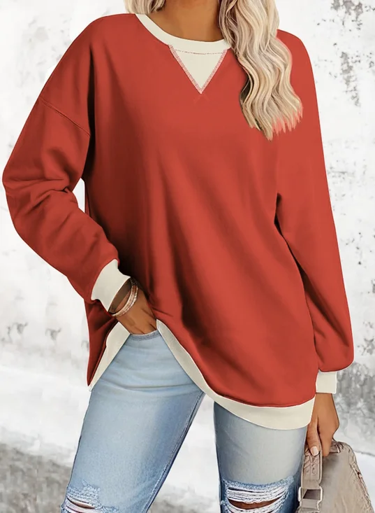 Sweat-shirts Décontracté Printemps / Automne Contrasté Couture Col V Joint Fendu Poids lourd Quotidien Ample en Mélangé de Coton pour Femmes