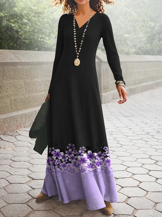 Femmes Floral Noir Col V Confortable Robe Maxi Décontracté