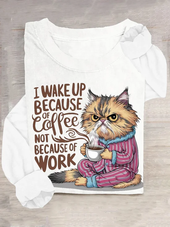 T-shirts Femmes Décontracté Printemps / Automne Chat Quotidien Manches Longues Col Rond en Mélangé de Coton Droit Élasticité moyenne