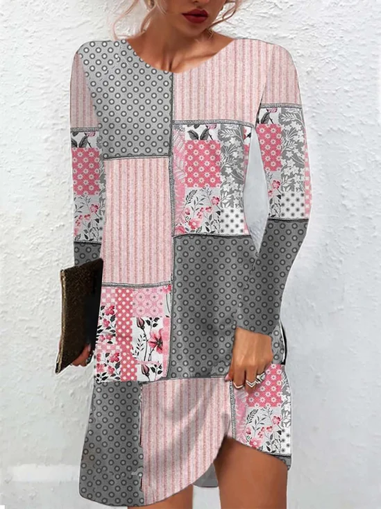 Femmes Géométrique Rose Col Rond Confortable Mini Robe Décontracté