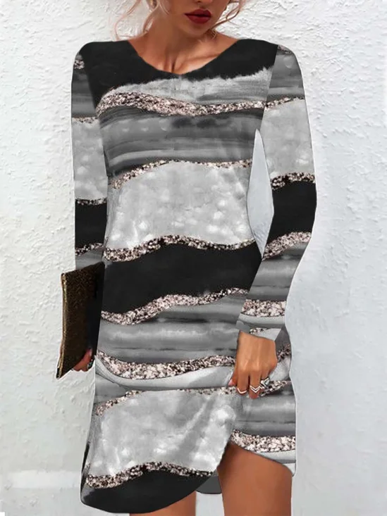 Femmes Abstrait Noir Col Rond Confortable Mini Robe Décontracté